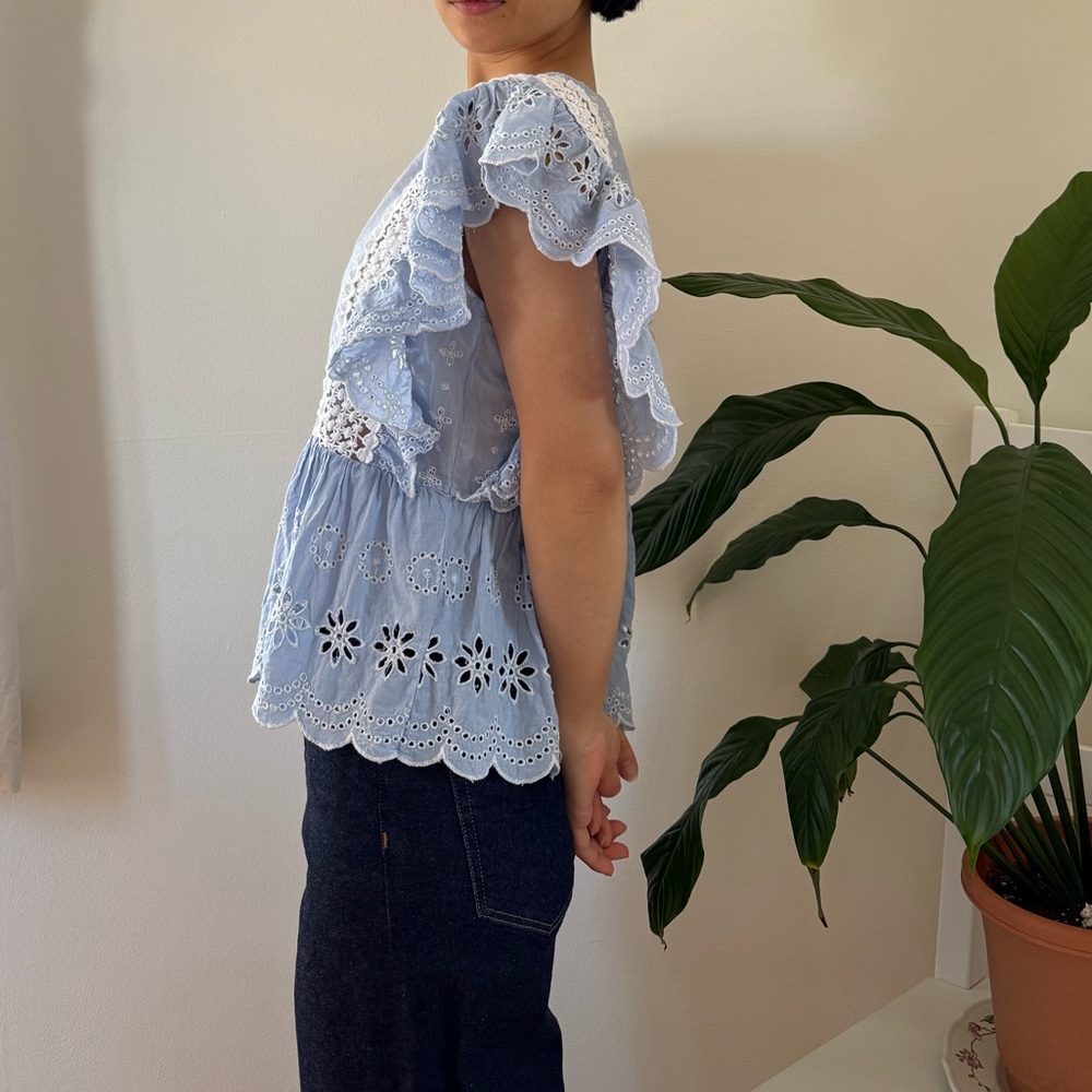 Jennifer & Grace 100% Cotton Eyelet Lace Trim Light Blue Babydoll Blouse Size M - Picture 7 of 12